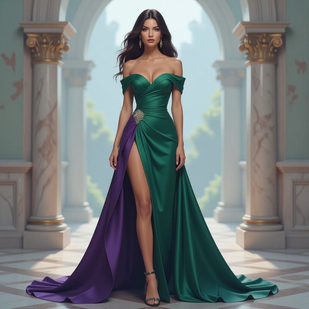 Woman in Flowing Emerald and Purple Spaghetti Strap Dress