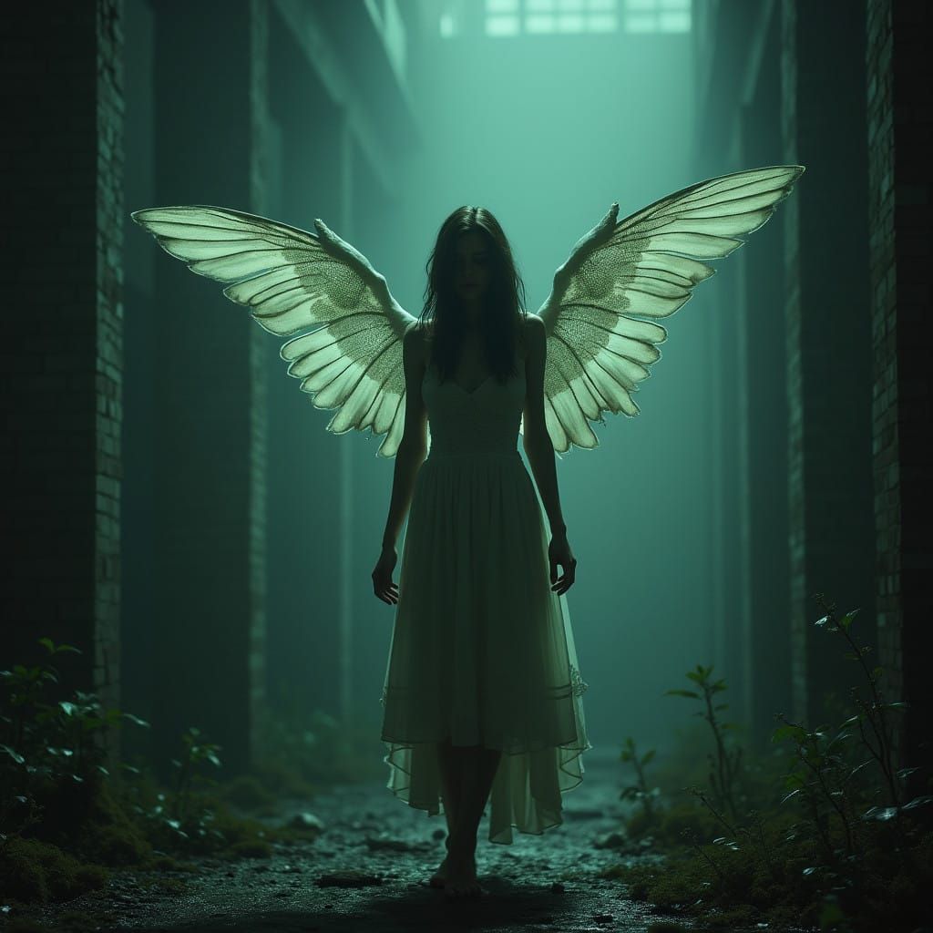 Hyper Realistic Female Angel in Desolate Neon Landscape