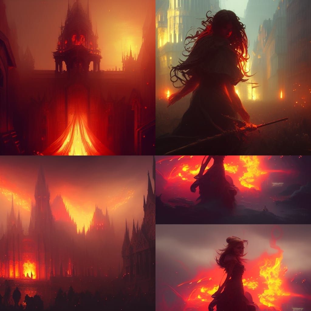 Dark Fantasy Flame Art in Style of Alphonse Mucha
