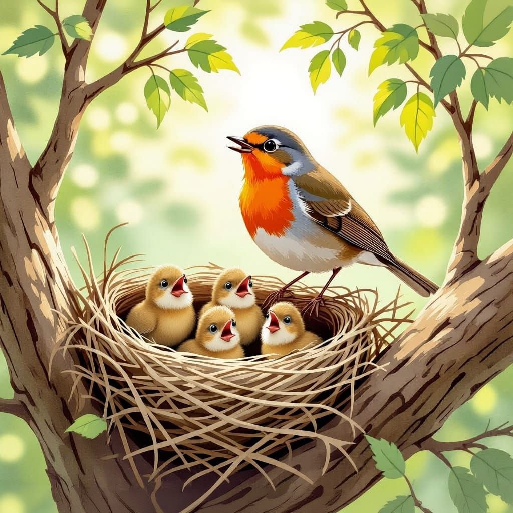 Robin and Nest in Vintage Children's Book Style