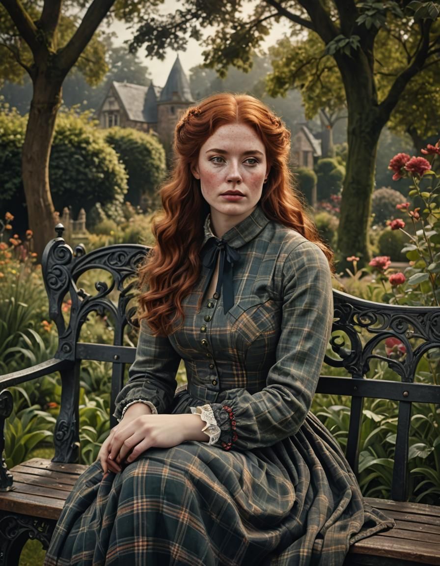 Victorian Woman with Auburn Hair in Garden Portrait