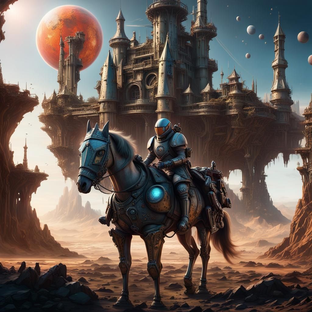 Steampunk Knight Jousting in Space, Digital Art