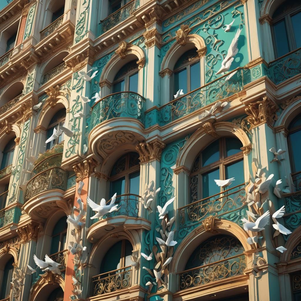 Ornate Building with Doves and Musical Notes
