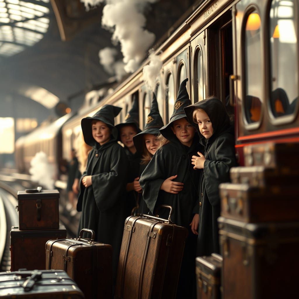 Children Board Train in Wizard Robes Amidst Whimsical Smoke...