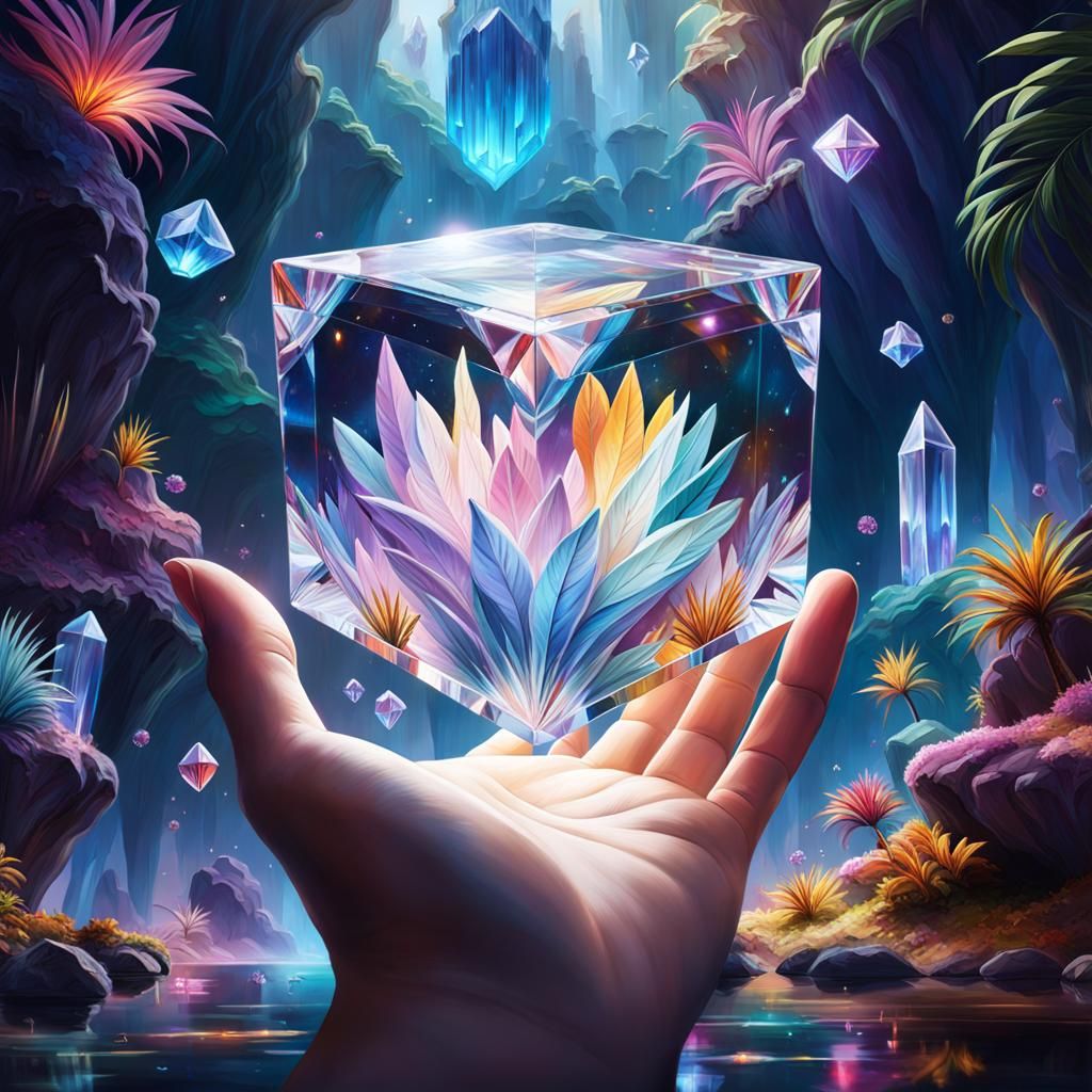 Hand Holding Crystal Cube in Crystal Cave