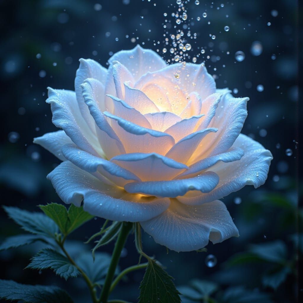 Bioluminescent Rose Glows Amidst Diamond Rain