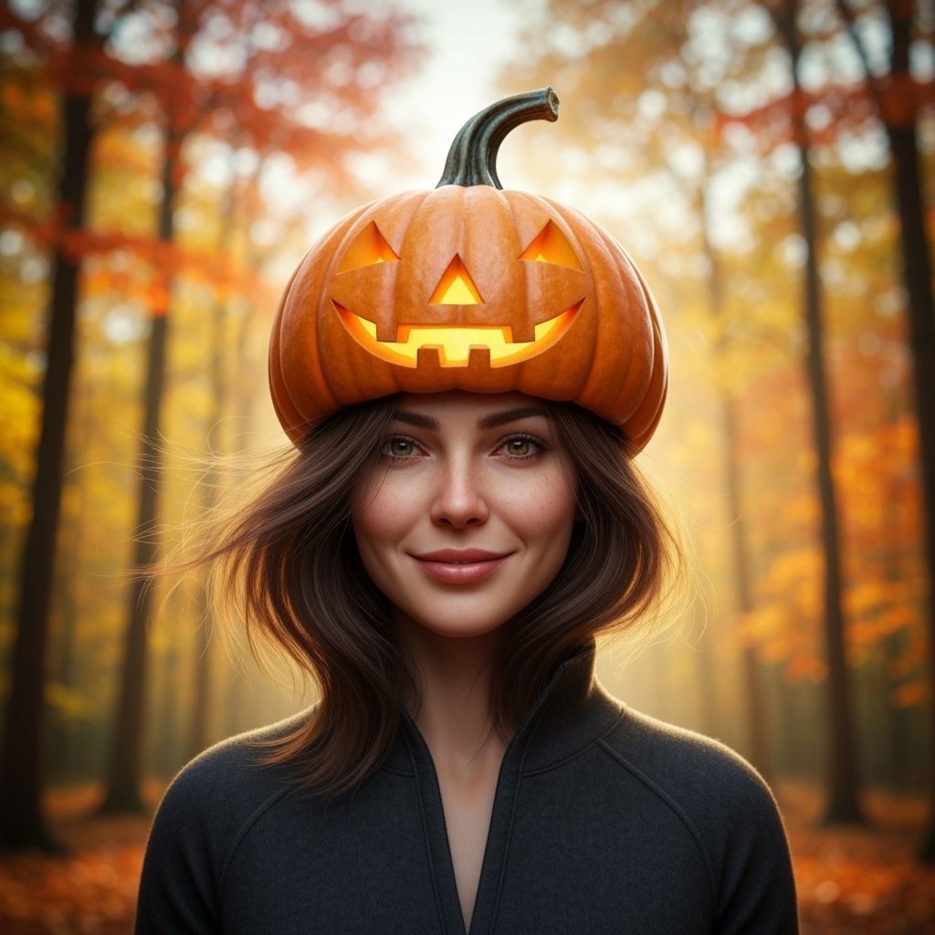 Woman with Pumpkin Hat in Autumn Forest