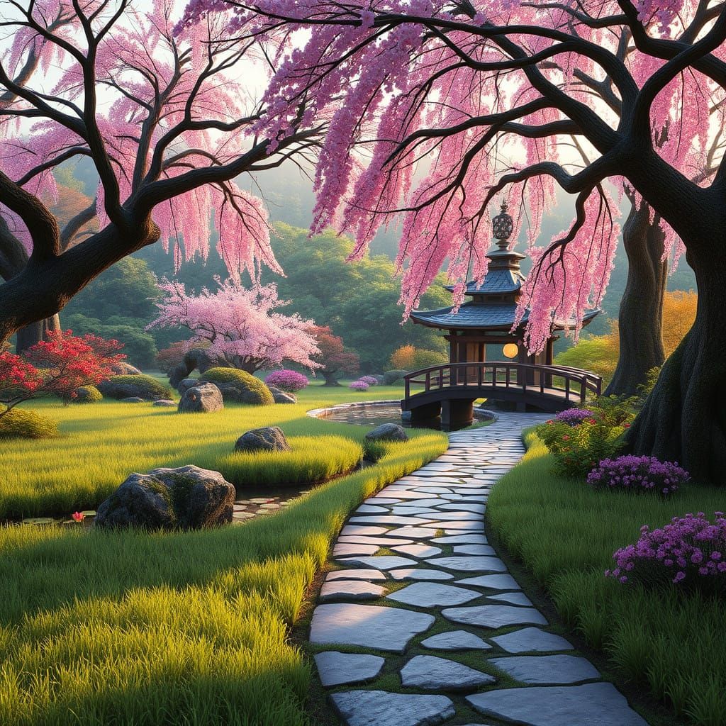 Blossoming Japanese Garden at Dawn in Hyper-Realistic Detail