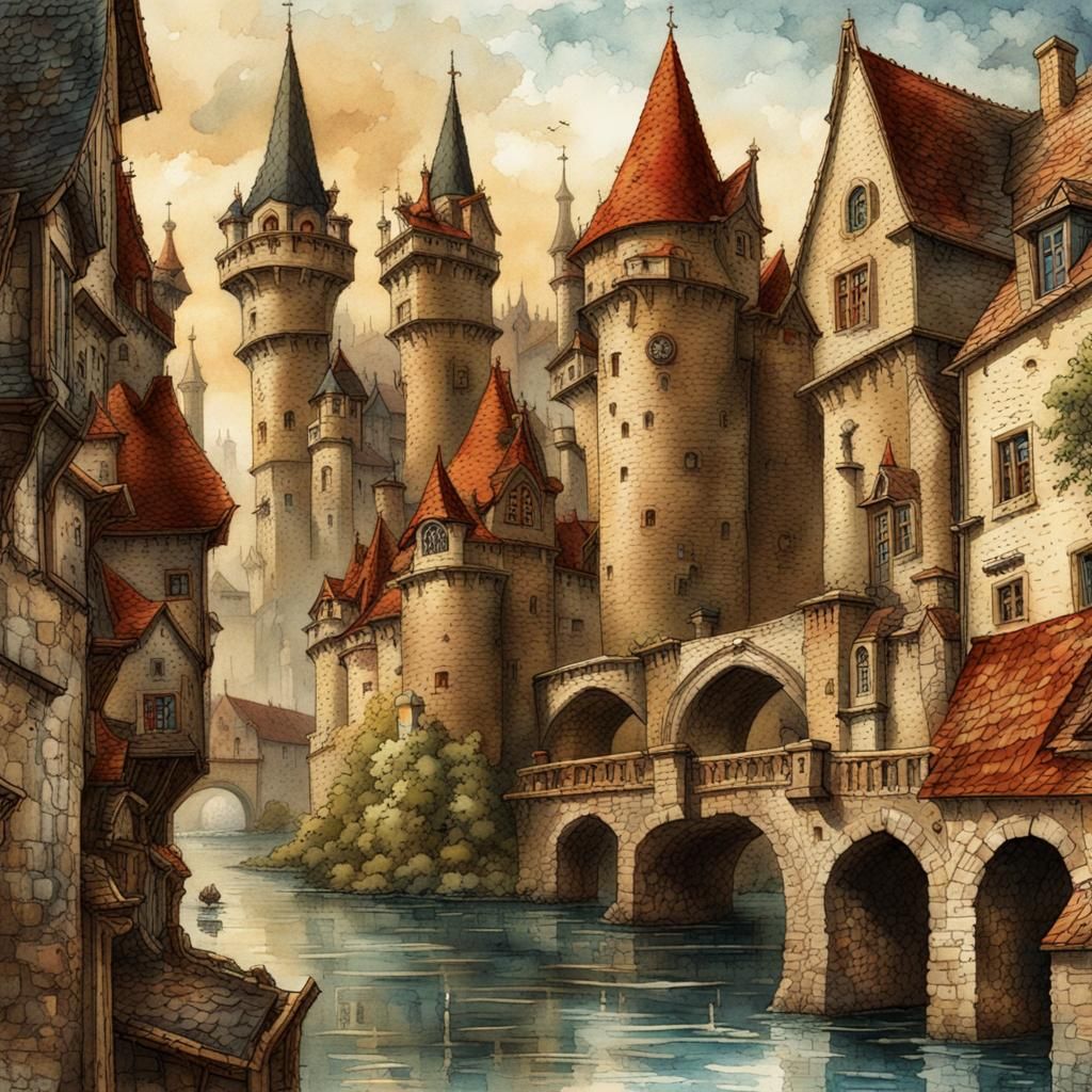 Medieval Stamps with Watercolor Filter in Vintage Style