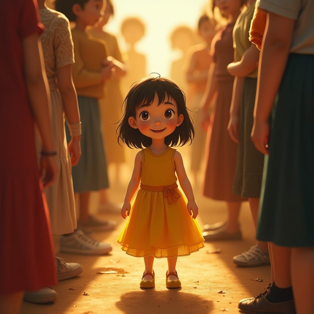 Girl in Cheerful Crowd, Whimsical Animation Style