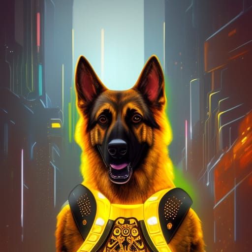 Electric Art Deco German Shepherd in Cyberpunk Style