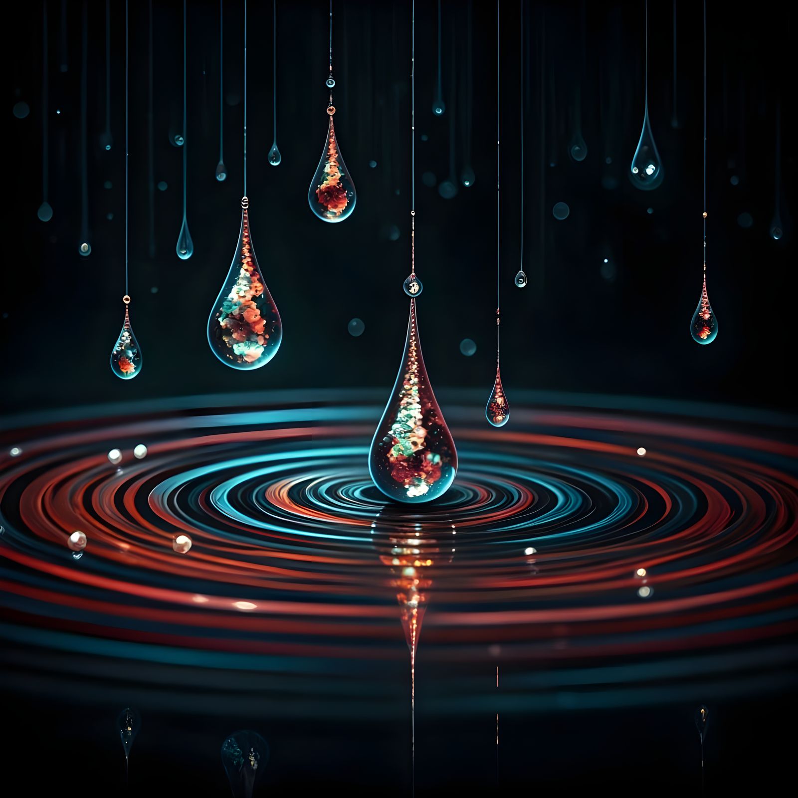 Vibrant Sequin Raindrops in a Maximalist Watercolor Pond