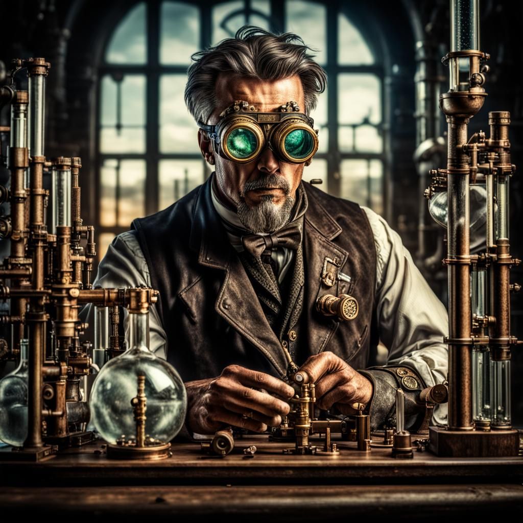 Steampunk Artificer Intently Studies Test Tube