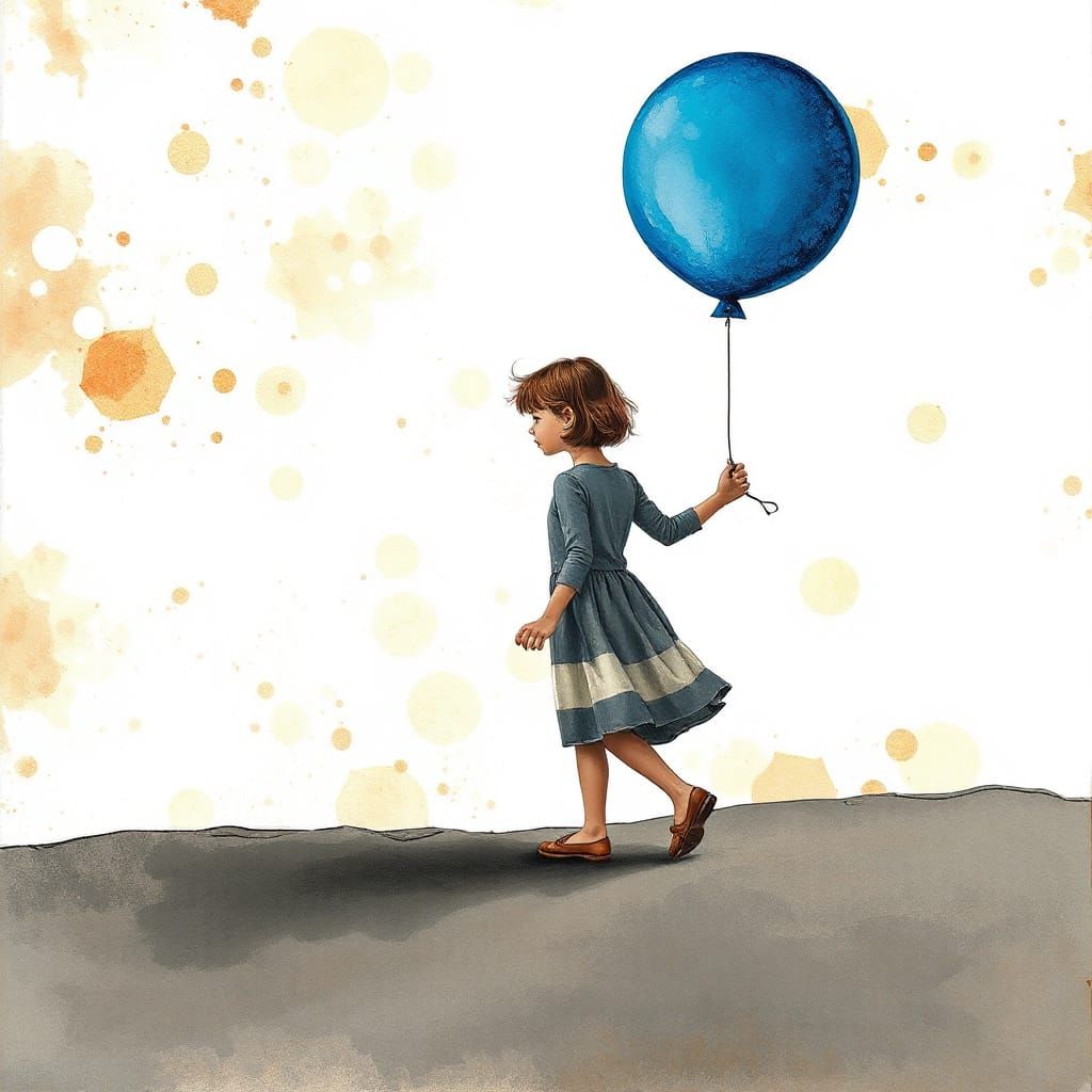Girl with Blue Balloon in Surreal Landscape