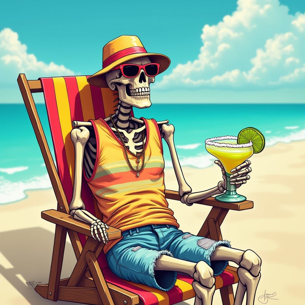 Skeleton on Vacation: Beach Margarita in Digital Art Style