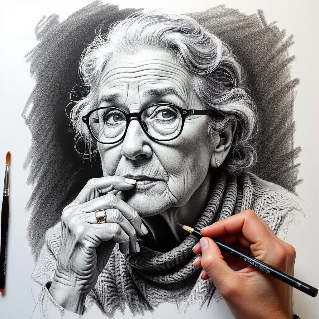 Artist Contemplating New Art in Charcoal Drawing Style