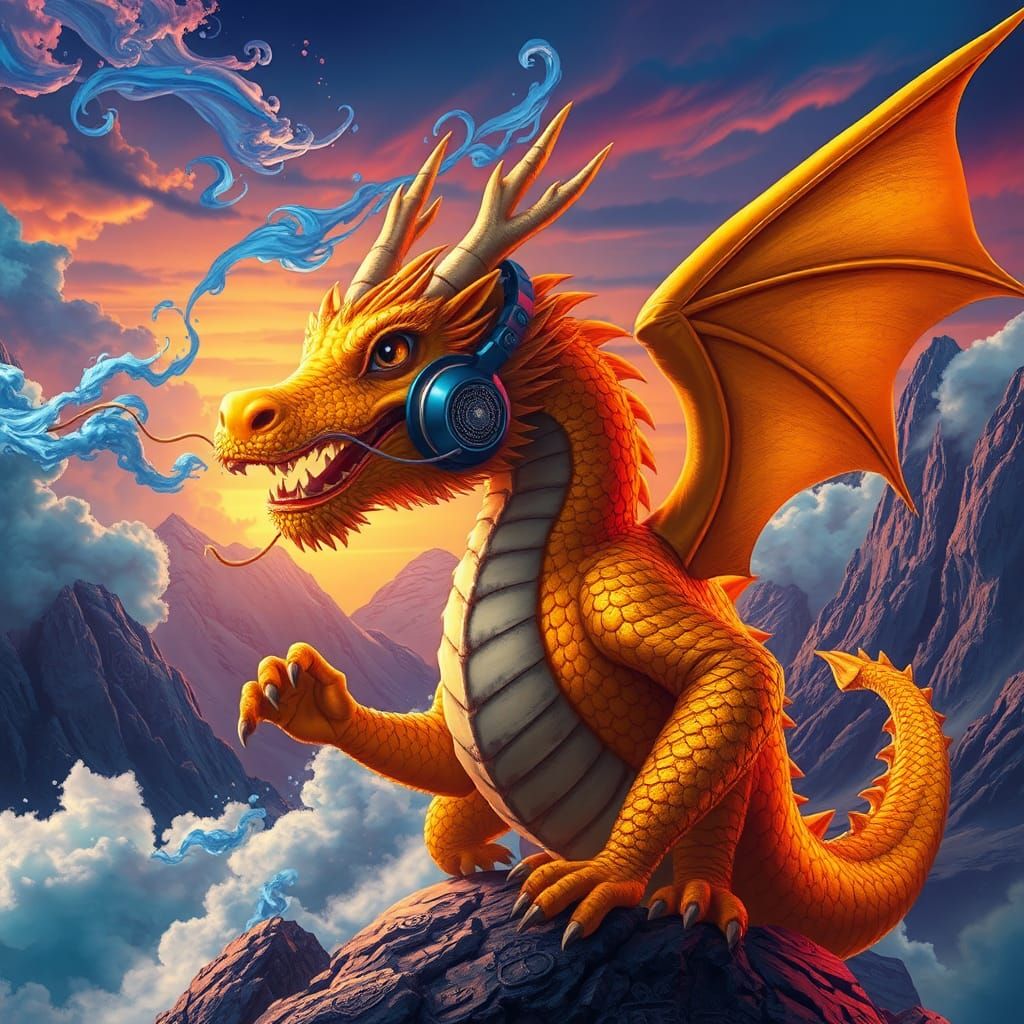 Golden Dragon DJ in Mystical Landscape