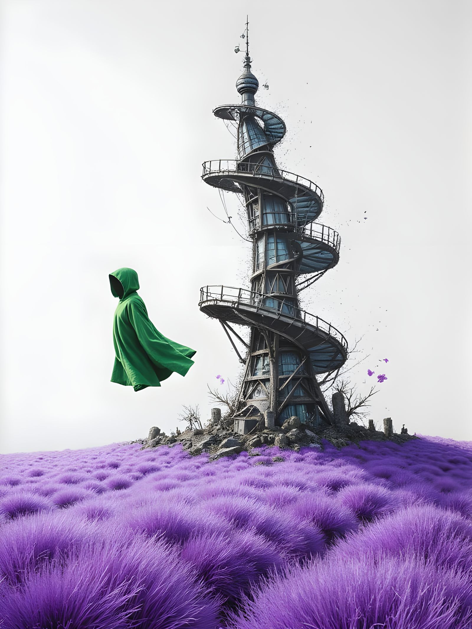 Ethereal Pencil Drawing of a Tower and Hooded Figure in a Pu...