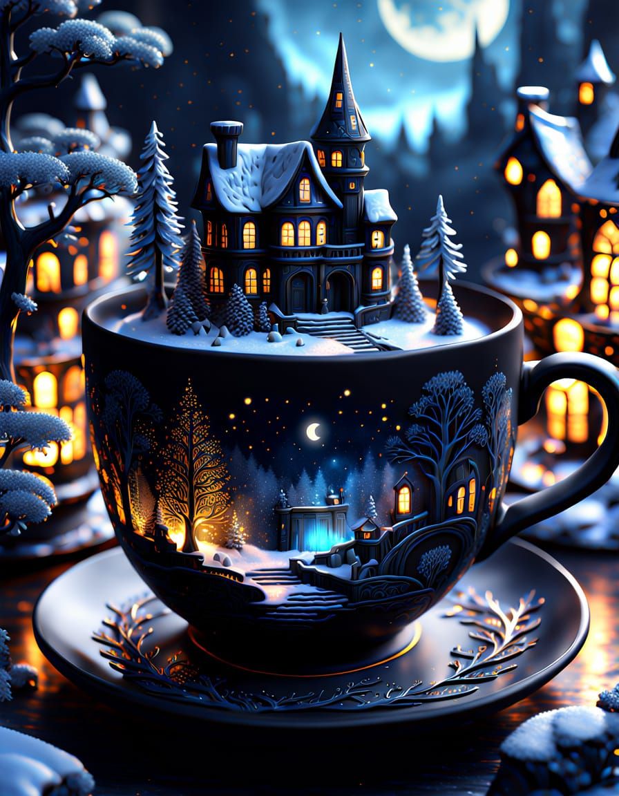 Magical Anthracite City in Porcelain Cup Diorama