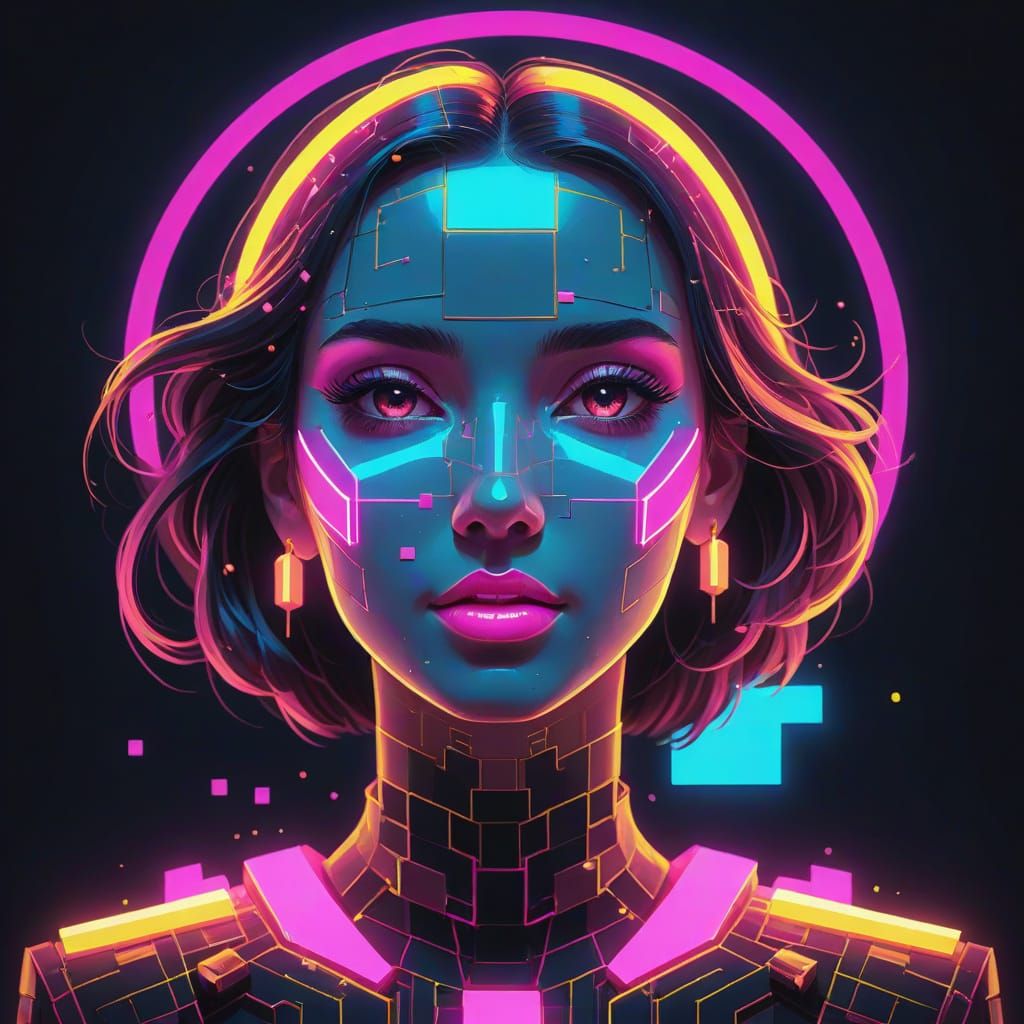Glowing Neon Goddess in 8bit Pixel Art