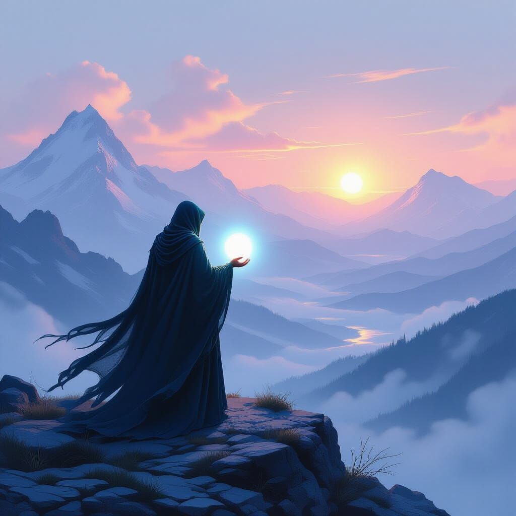 Digital illustration. A solitary, ethereal figure stands on ...