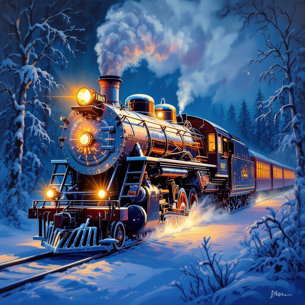 Snow and Ice Train Radiating Warm Light in Frosty Forest