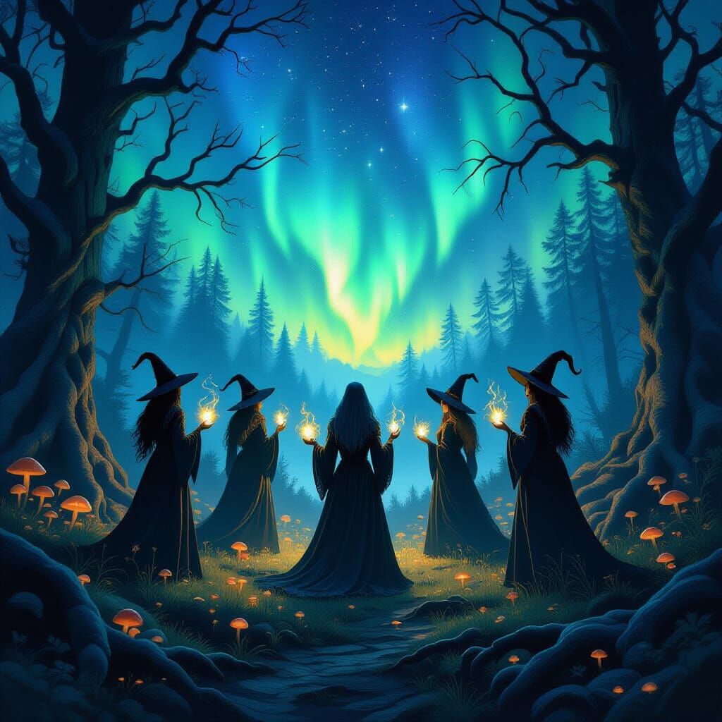 Witches Coven Under Magical Aurora