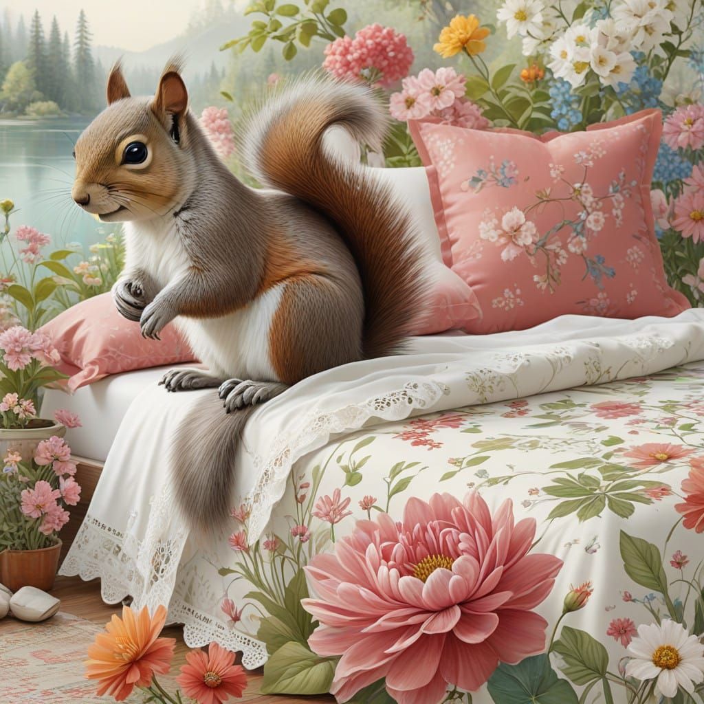 Vibrant Landscape with a Happy Squirrel in a Floral Oasis