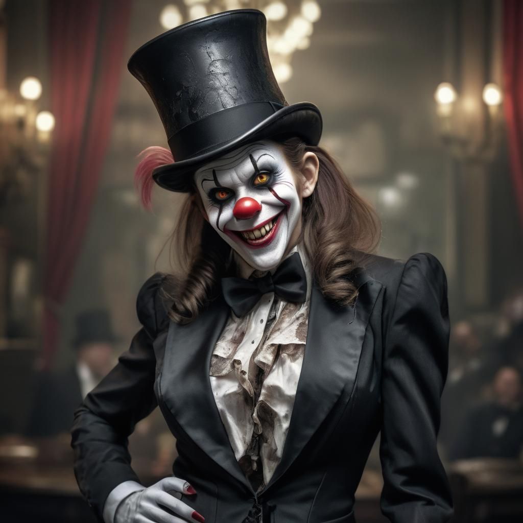 Hyperrealistic Zombie Monkey Clown Woman in Tuxedo