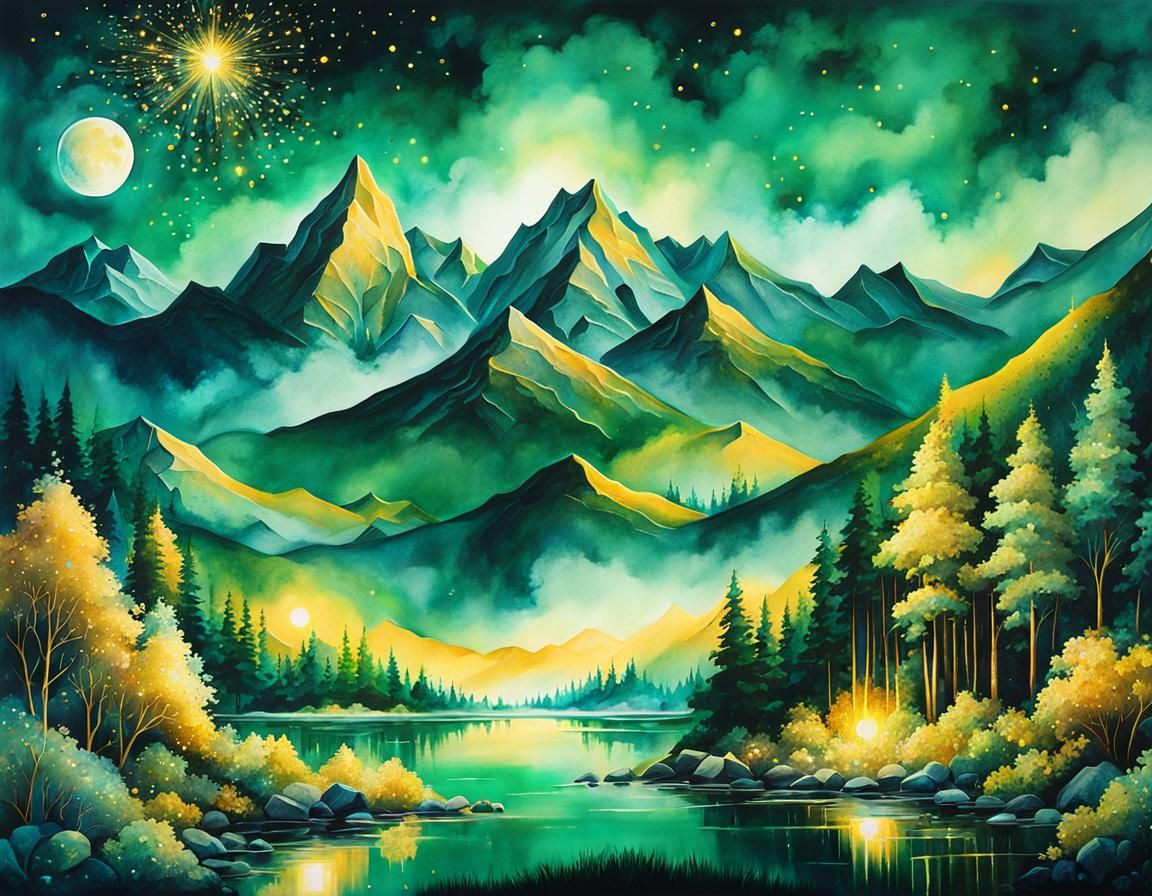 Emerald Crystal Landscape in Abstract Watercolor Style
