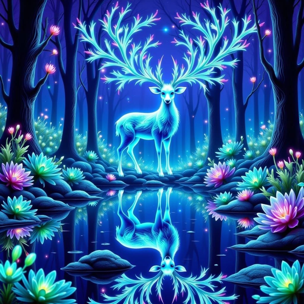 Bioluminescent Deer in Magical Forest, Digital Art