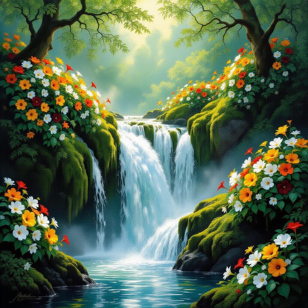 Glorious Waterfall with Vibrant Flowers in Oil Painting Styl...