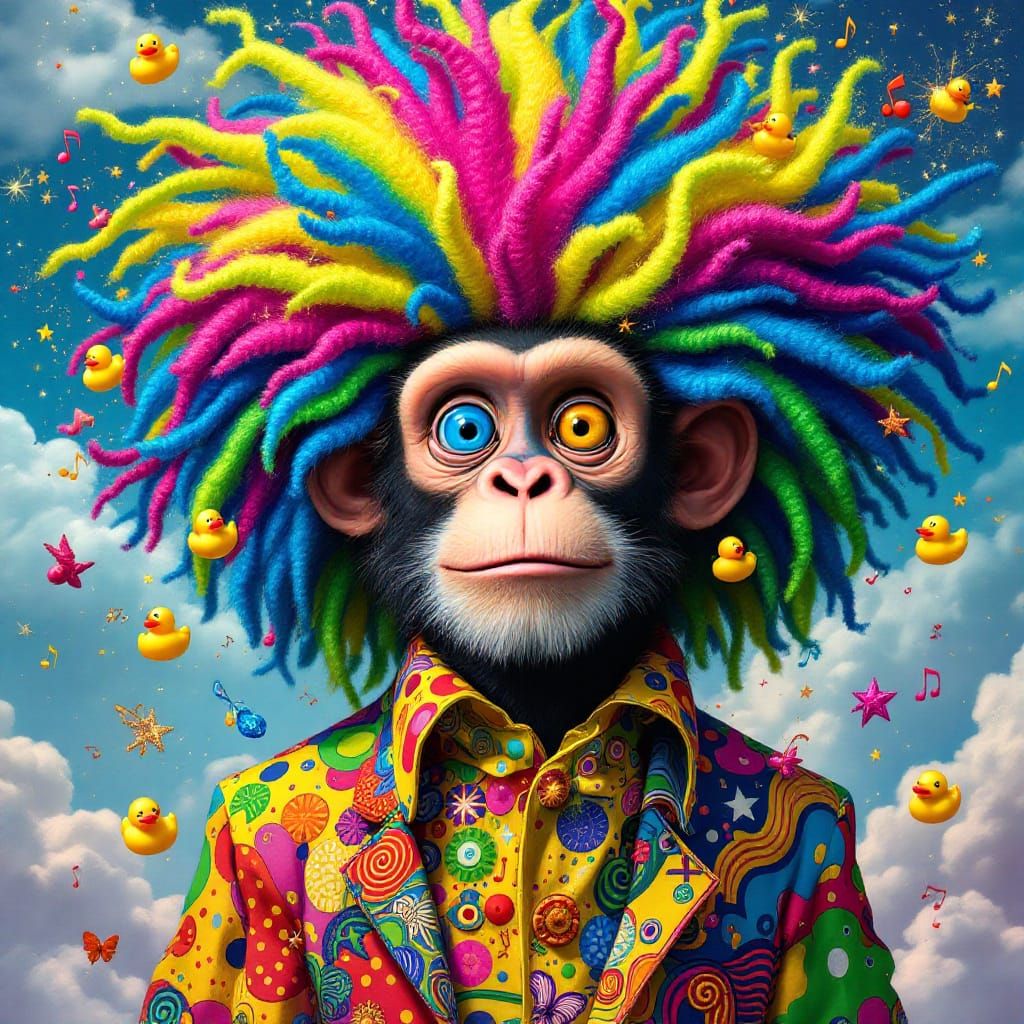 Surreal Monkey Portrait with Multicolored Afro