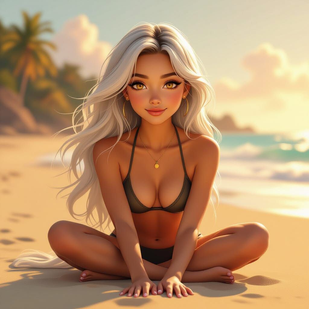 Woman Doing Yoga on Beach at Golden Hour as 3D Anime