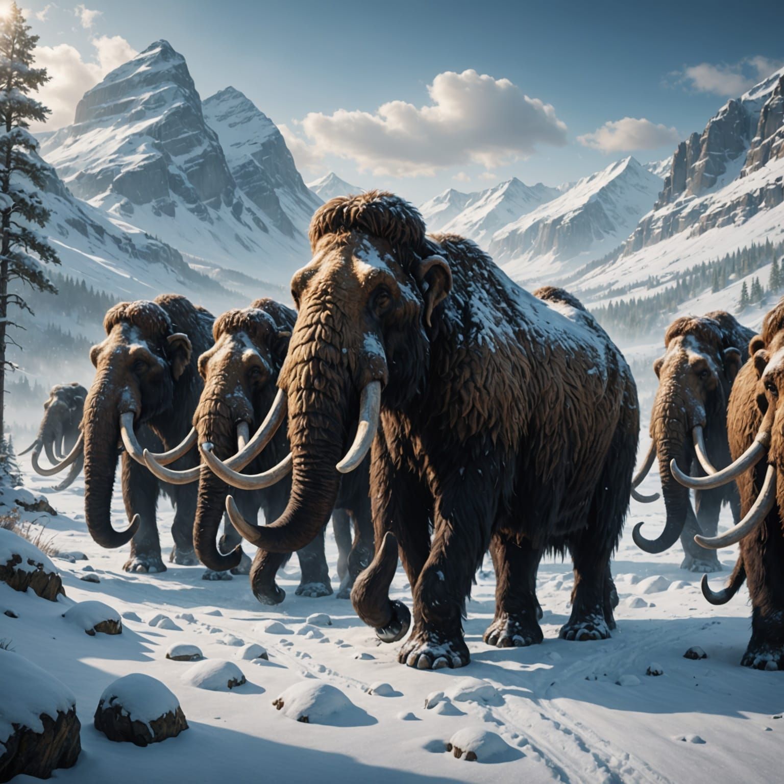 Woolly Mammoths Graze in Snowy Valley: Photorealistic Digita...