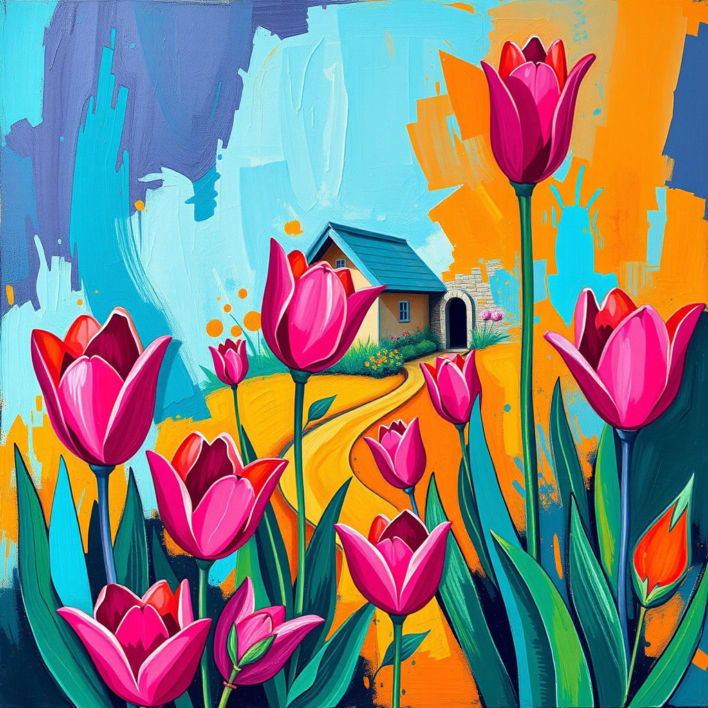 Magenta and Turquoise Tulips in Abstract Style