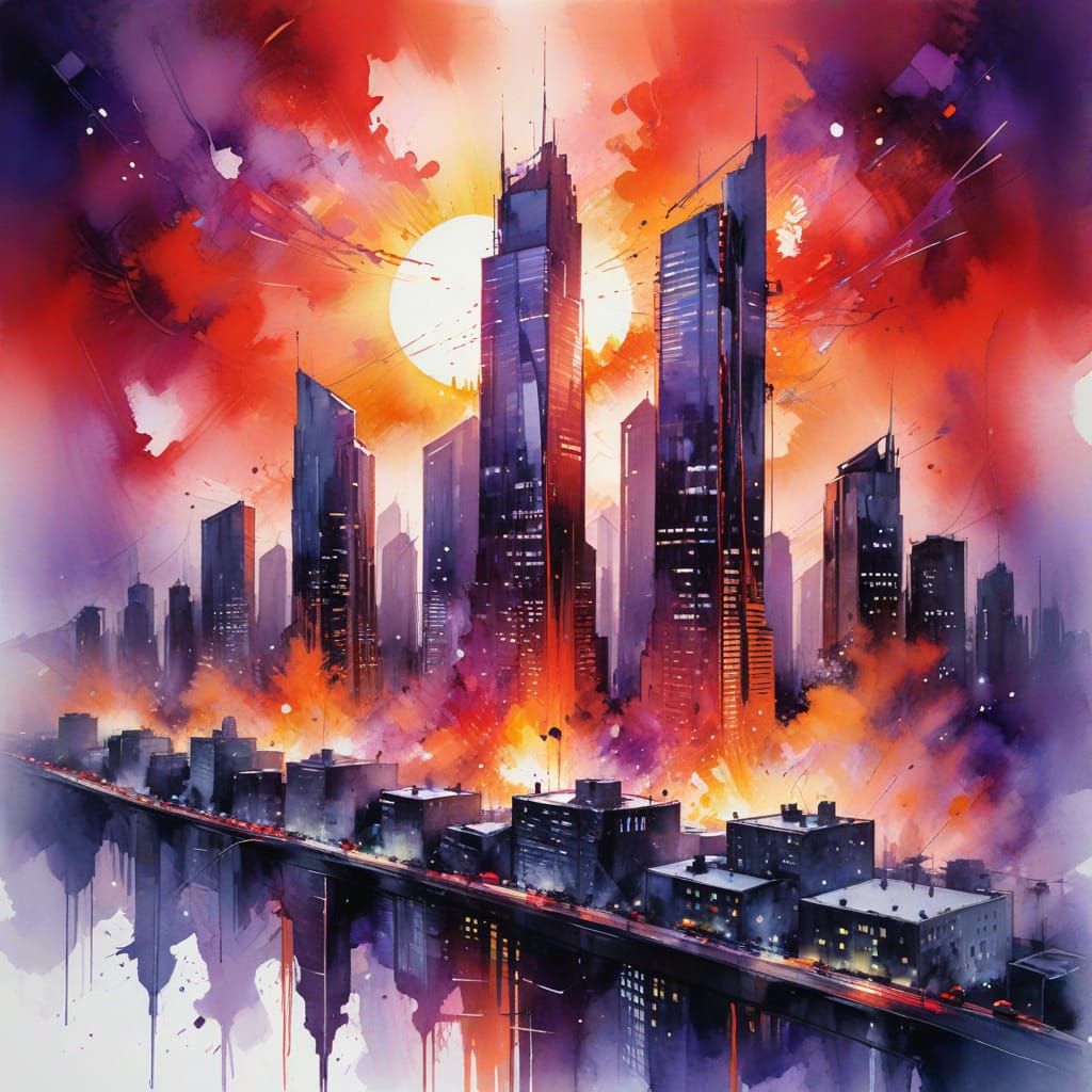 Vibrant Cityscape Unfolds Under Dazzling Sunset