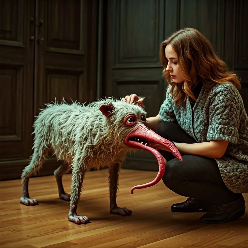 Woman with Scruffy Creature in 80s Style