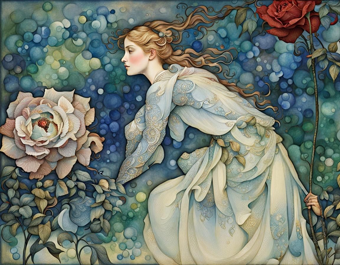 Ethereal Crystal Rose in Golden Age Illustration Style