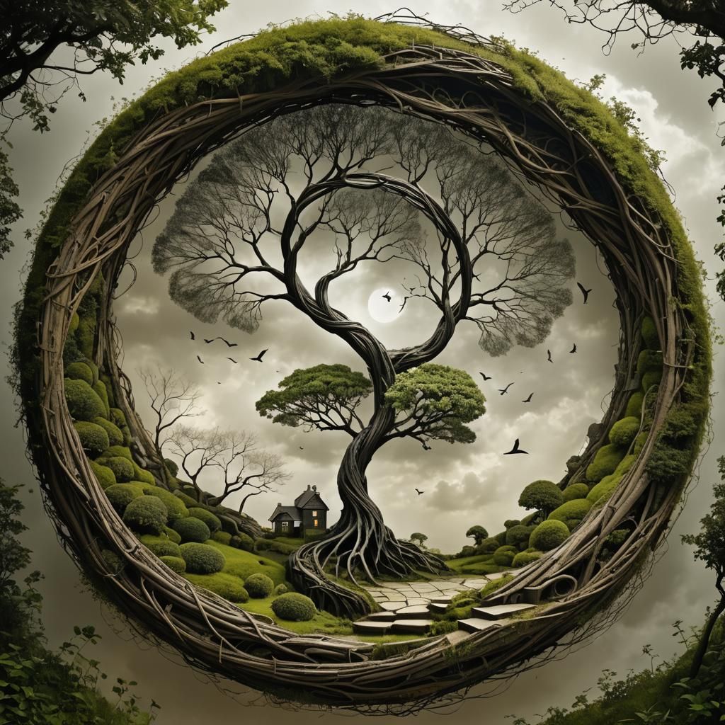 Surreal Stargate Scene with Bonsai and Cottages