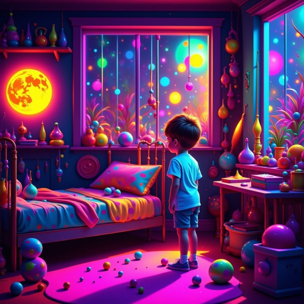 Joyful Boy Awakens in a Vibrant Neon Bedroom
