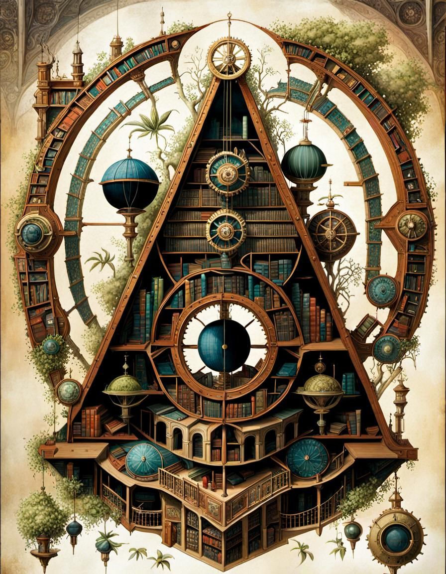 Ancient Library: Biomechanical Blueprint Illustration