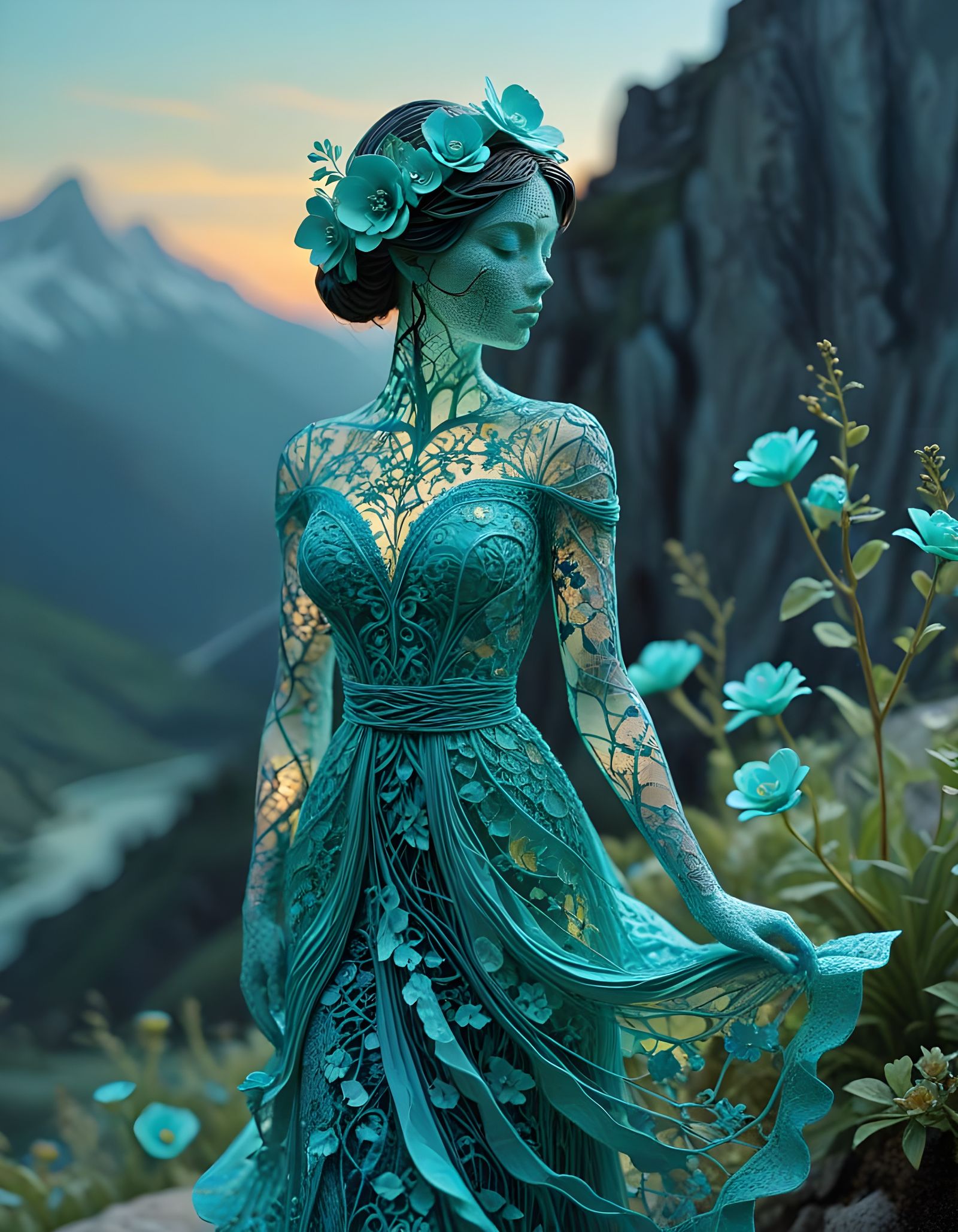 Turquoise Resin Wire Art of Woman in Landscape