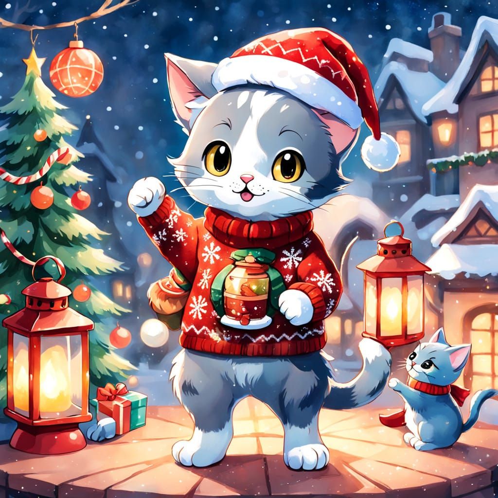 Whimsical Watercolor Kitten Holds Christmas Lantern