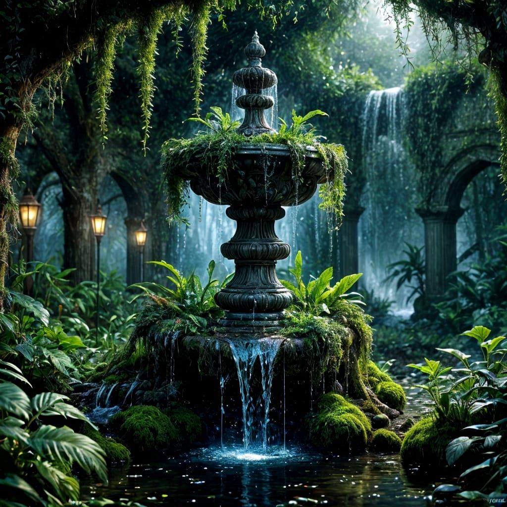 Enchanted Fountain in Overgrown Garden by Starlight