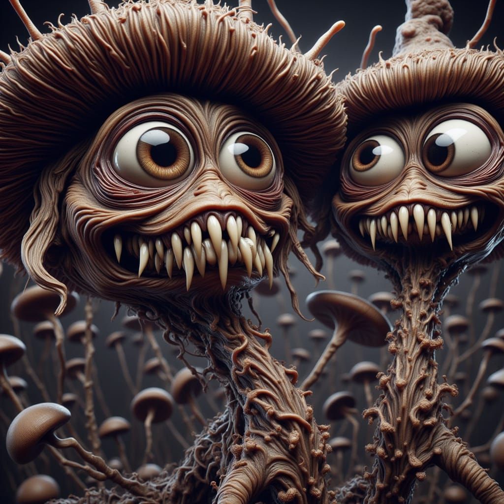 Surreal Hockey Match Between Crazy Mushrooms