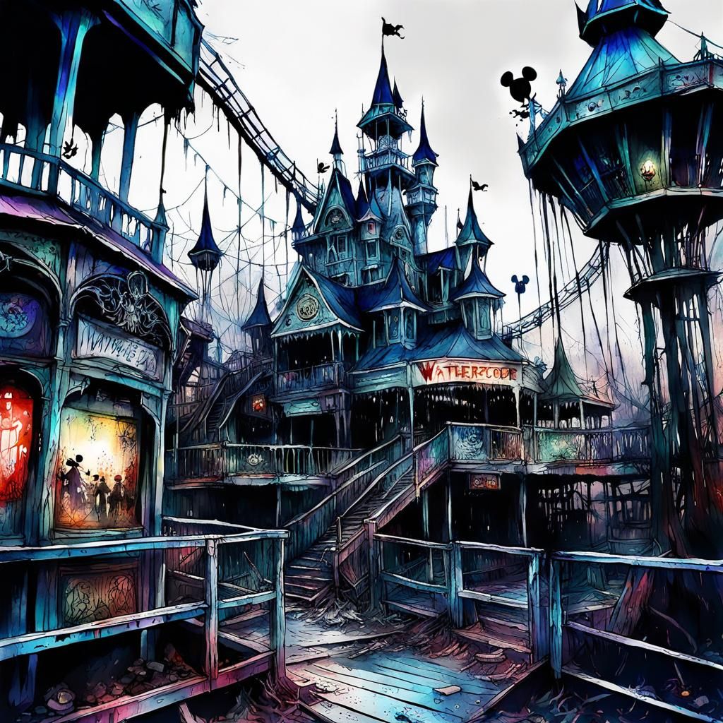 Scary Abandoned Amusement Park in Digital Watercolor