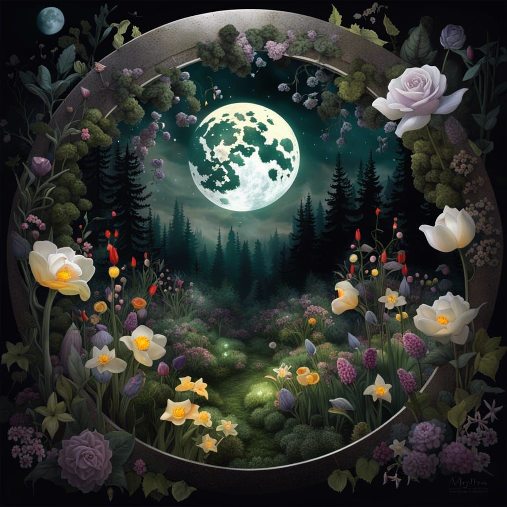Eerie Moonlit Garden in Mythpunk Style