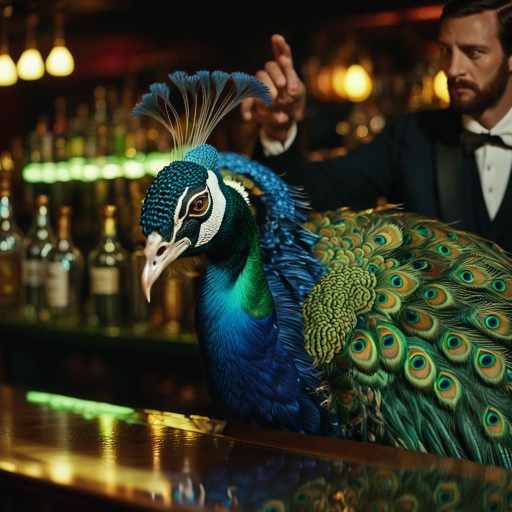 Elegant Peacocks at a Whiskey Bar, in a Vibrant, Golden Ligh...