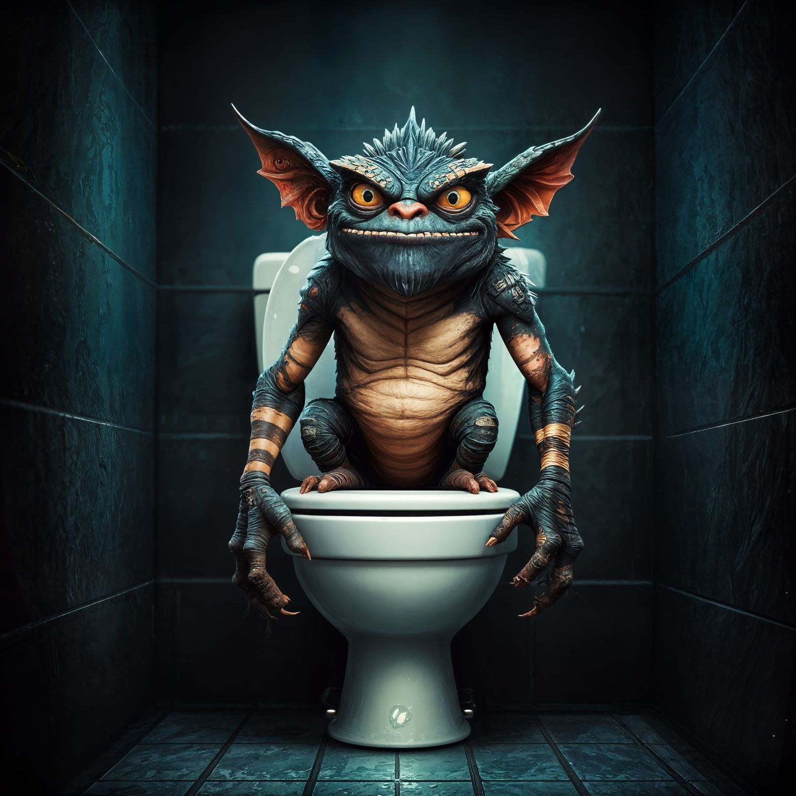 Fantastical Gremlin on Toilet in Deep, Detailed Matte Painti...